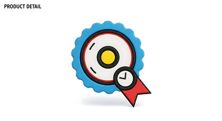 Colorful badge icon with blue border and red ribbon on white background