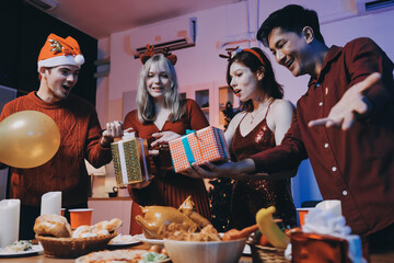 Festive Office Christmas Party with Delicious Food. A beautifully decorated office space with Christmas trees and festive lights, set up for a holiday party.