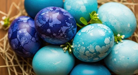 Delicate blue and purple easter eggs nestling in a cozy woven basket for celebration