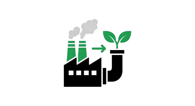 Eco friendly factory with green plant growing out of pipe instead of smoke pollution - Powered by Adobe