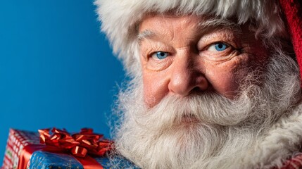 Cheerful Santa Claus with Presents Against Blue Background