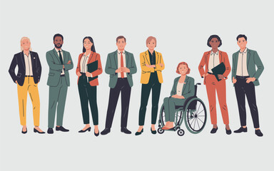 Obraz premium Diverse group of professional business people smiling and standing together including a woman in a wheelchair