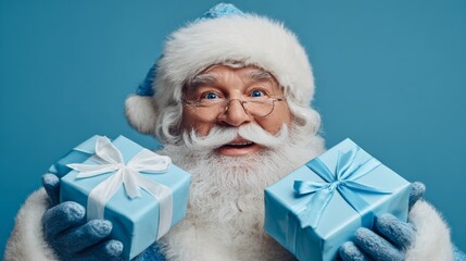 Cheerful Santa Holding Two Blue Gift Boxes Against a Blue Background