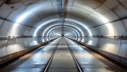Long, Modern Railway Tunnel with Bright Ring Lighting and Tracks