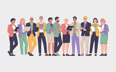 Fototapeta premium Diverse professionals from various backgrounds standing with laptops and tablets ready for business tasks