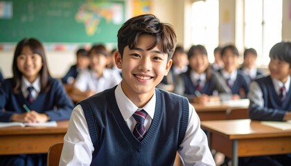 겨울교복을 입은 남자 중학생이 교실에 앉아 카메라를 보고 환화게 웃고있다 885088.jpg