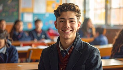 겨울교복을 입은 남자 중학생이 교실에 앉아 카메라를 보고 환화게 웃고있다 885088.jpg