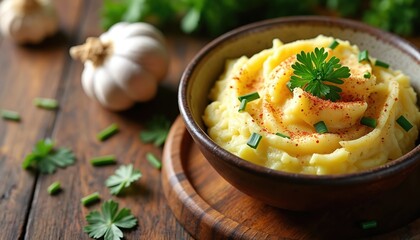 Creamy mashed potatoes sit in a bowl, garnished with parsley and chives. Nearby garlic bulbs and fresh greens rest on a wooden table, suggesting a wholesome home meal.