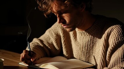 A person sits quietly in a warm space, focused on writing in a notebook. Soft light enhances the atmosphere, highlighting thoughts and creativity. The scene feels intimate and reflective
