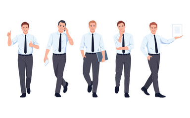 Obraz premium Five diverse professional men in business attire performing various actions on a white background