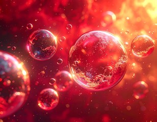 Glowing orbs float amid a fiery, cosmic, abstract and ethereal scene