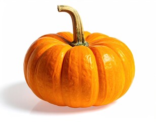 Round, ridged orange pumpkin with curly stem, isolated