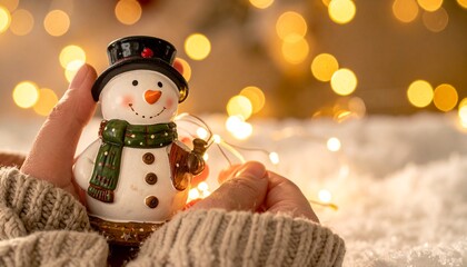 Close up of hands holding snowman music box with lights in background 316762.jpg