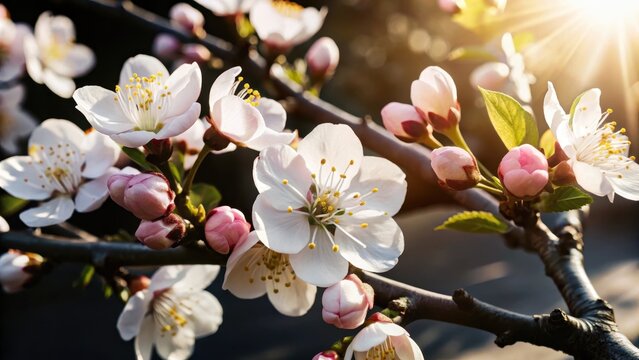 Delicate pink cherry blossoms unfurl their petals in a serene springtime spectacle, inviting natures beauty to bask in the warm sunlight