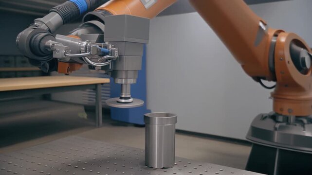 Automated Industrial Robot Arm Grinding Metal Cylinder with Sparks Flying