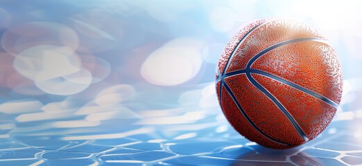 Basketball on Shiny Surface with Soft Bokeh,Suitable for sports brand ads, basketball game promotions, fitness blog visuals, and athletic-themed design materials.
