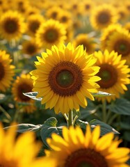 Obraz premium Close-up view of bright yellow sunflowers in field during sunset. Tall green stems hold large flower heads facing warm light. Blurred background blooms create golden hour atmosphere.