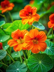 Obraz premium Delicate nasturtium blooms in vibrant orange hue against lush green foliage