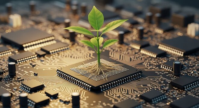 A vibrant seedling takes root within a complex circuit board, symbolizing the merging of technology and nature.