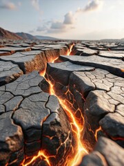 Fototapeta premium A fiery abyss unfurls beneath a cracked desert landscape, as molten lava pulses through its tortured veins