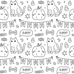 Cute Halloween seamless pattern with pumpkins, cats in ghost costumes, candy, garlands. Fun hand-drawn black and white design for coloring pages, wrapping paper, and decorations.