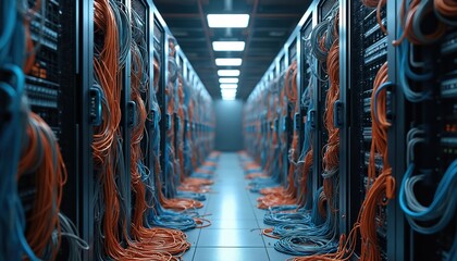 Rows of computer servers in data center room. Tangled orange and blue wires hang from racks. Dim lighting creates atmosphere. Technology and network infrastructure. Digital data storage.