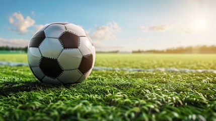 Naklejka premium occer Ball on Green Pitch,Suitable for sports brand ads, football match promotions, fitness content, and athletic event marketing visuals.