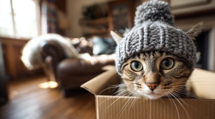 Tabby Cat in Cardboard Box Wearing Gray Beanie in Cozy Home Interior