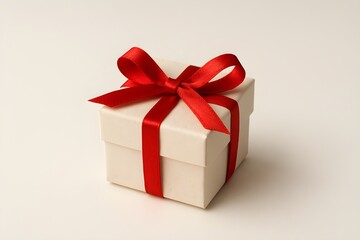 Obraz premium A small white gift box tied with a bright red ribbon, elegantly presented for a special occasion.