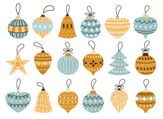 A set of various Christmas ornaments and baubles isolated on a white background. Vintage decorations. Vector hand-drawn flat illustration. Perfect for holiday and season designs, cards.