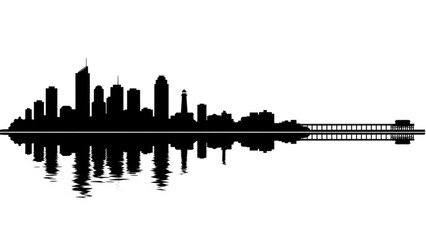 Naklejka premium Black silhouette skyline and bridge reflection white