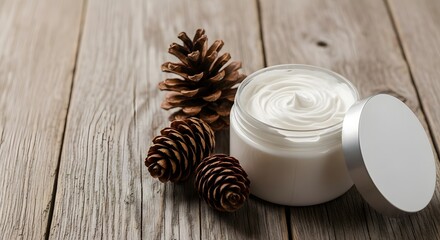 White body butter in open jar with pinecones on rustic wooden background for natural skincare concept and gentle hydration in warm light