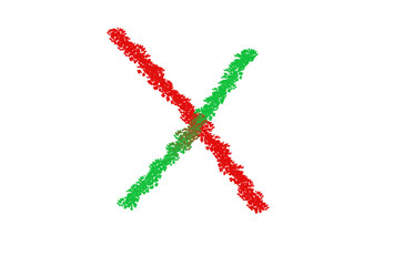 Intersecting red and green particle lines form abstract x mark isolated on transparent background
