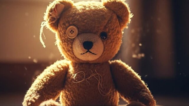 Vintage Teddy Bear's Nostalgic Story: A Timeless Friend Reflecting Warmth and Comfort, Illuminated by Gentle Sunlight and Evoking Memories of Childhood Innocence