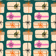 Cute festive pattern with gifts. Vector hand-drawn illustration in a flat style. Perfect for holiday, Christmas, season designs, cards, decorations, wallpaper, wrapping paper, textile.