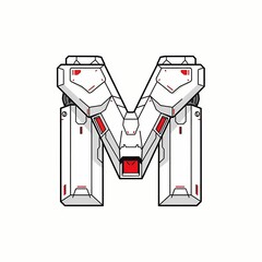 A stylized letter M, designed with a futuristic, mecha aesthetic. White body with black outlines and red accents, set against a clean background. anime mecha