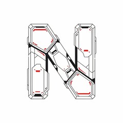 A stylized letter N with a futuristic, geometric design. Black outlines, white fill, and red accents create a sci-fi aesthetic on a clean white background. anime mecha