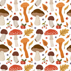 Cute autumn seamless pattern with mushrooms, leaves and berries on a white background. Vector hand-drawn flat illustration. Perfect for wallpaper, wrapping paper, textiles. Botanical print.