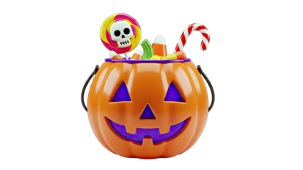Halloween Pumpkin Bucket Filled with Candy on White Background