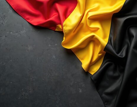 Belgian flag draped on dark textured surface. Red yellow black colors flow, creating patriotic backdrop. Empty space left for text overlay. National symbol.