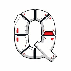 A stylized letter Q, designed with a futuristic, segmented look. White panels are outlined in black, with red accent details. Isolated on white. anime mecha