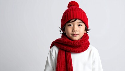 Child wearing pink knitted hat and scarf against solid pink background 121335.jpg