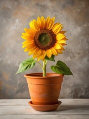 Obraz premium A bright and cheerful sunflower blooms in a charming terracotta pot against a simple, neutral background