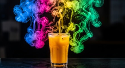 Vibrant colorful smoke swirling from a refreshing beverage in a glass