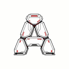 A stylized letter A is depicted in a futuristic, robotic design with white panels, red accents, and black outlines on a clean, white background. anime mecha