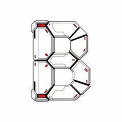 A stylized letter B with a futuristic, geometric design. White panels are outlined in black, accented with small red details on a white background. anime mecha
