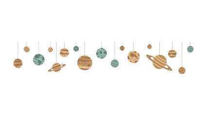 Celestial Bodies in Serene Display: A captivating string of planets, each meticulously designed, gracefully suspended in the void. A blend of artistic craftsmanship and cosmic beauty.