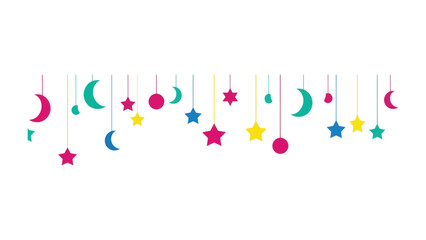 Celestial Garland: A vibrant, enchanting illustration of a garland, adorned with a constellation of stars, crescent moon, and round shapes, each suspended by delicate threads. © Murshida