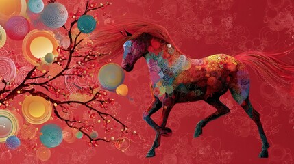 2026 year of the horse Chinese New Year with modern abstract elements and festive background