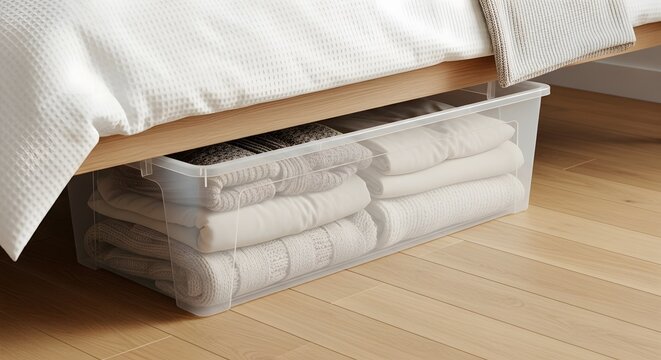 Clear storage bin with neatly folded blankets and clothes under a modern wooden bed, showcasing efficient space-saving concept for home organization